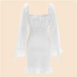 Vintage White Lace Eyelet Square Neck Bell Sleeve Dress