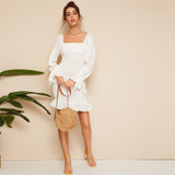 Vintage White Lace Eyelet Square Neck Bell Sleeve Dress