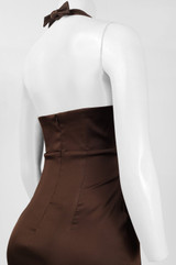 Donna Ricco Halter Neck Open Back Ruched Solid Satin Dress (Petite)