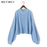 WOTWOY Lantern Sleeve Cropped Sweater Women Autumn Winter Oversized Knitted Sweaters Women Loose Pullovers Femme Crop Tops 2020