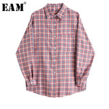 [EAM] Women Purple Plaid Printed Big Size Blouse New Lapel Long Sleeve Loose Fit Shirt Fashion Tide Spring Summer 2020 1U975