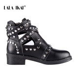 LALA IKAI Women Black Ankle Boots Buckle Strap Rivet Shoes