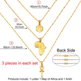 3 Pc Necklace Set - Africa Map + Ankh Pendant + Initial Necklace