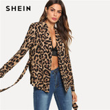 Women Highstreet Shawl Collar Belted Leopard Print Elegant Blazer Autumn Workwear Outerwear
