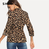 Women Highstreet Shawl Collar Belted Leopard Print Elegant Blazer Autumn Workwear Outerwear