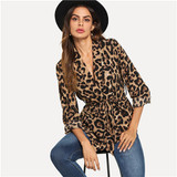 Women Highstreet Shawl Collar Belted Leopard Print Elegant Blazer Autumn Workwear Outerwear