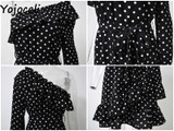 Yojoceli Elegant Ruffle Bow Short Dress Women One Shoulder Polka Dot Sexy Summer Dress