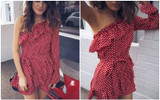 Yojoceli Elegant Ruffle Bow Short Dress Women One Shoulder Polka Dot Sexy Summer Dress