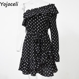 Yojoceli Elegant Ruffle Bow Short Dress Women One Shoulder Polka Dot Sexy Summer Dress