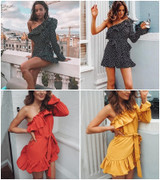 Yojoceli Elegant Ruffle Bow Short Dress Women One Shoulder Polka Dot Sexy Summer Dress