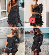 Yojoceli Elegant Ruffle Bow Short Dress Women One Shoulder Polka Dot Sexy Summer Dress