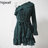 Yojoceli Elegant Ruffle Bow Short Dress Women One Shoulder Polka Dot Sexy Summer Dress