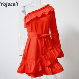 Yojoceli Elegant Ruffle Bow Short Dress Women One Shoulder Polka Dot Sexy Summer Dress