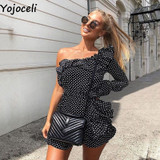 Yojoceli Elegant Ruffle Bow Short Dress Women One Shoulder Polka Dot Sexy Summer Dress