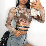 Angel Print Turtleneck Sexy Long Sleeves Mesh Crop Top