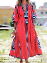 Women's Boho Printed Embroidered V-Neck Long Dress