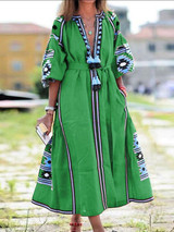 Women's Boho Printed Embroidered V-Neck Long Dress
