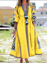Women's Boho Printed Embroidered V-Neck Long Dress