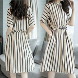 Vertical stripe five sleeve slim women's dress