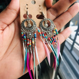 Golden Silver Vintage Ethnic Rainbow Feather Earrings