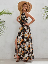 Tie Back Lace Insert Split Thigh Floral Cami Dress