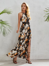 Tie Back Lace Insert Split Thigh Floral Cami Dress
