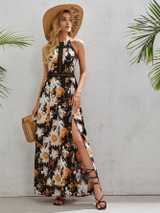 Tie Back Lace Insert Split Thigh Floral Cami Dress