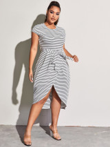 Plus Tulip Hem Stripe Belted Dress