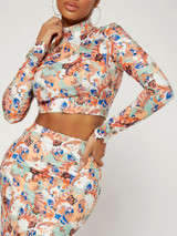 Mock Neck Paisley Print Crop Top & Skirt Set