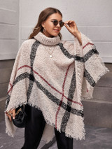 Plus Plaid Turtleneck Distressed Poncho Sweater