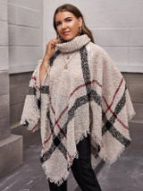 Plus Plaid Turtleneck Distressed Poncho Sweater