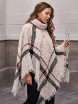 Plus Plaid Turtleneck Distressed Poncho Sweater