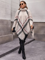 Plus Plaid Turtleneck Distressed Poncho Sweater