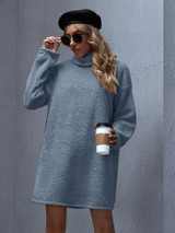 Rolled Neck Drop Shoulder Teddy Sweatshirt Dress