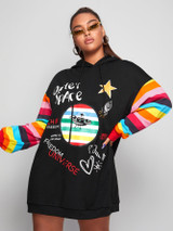 Plus Mixed Print Rainbow Striped Sleeve Hoodie Dress