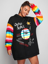 Plus Mixed Print Rainbow Striped Sleeve Hoodie Dress