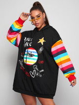 Plus Mixed Print Rainbow Striped Sleeve Hoodie Dress