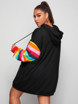 Plus Mixed Print Rainbow Striped Sleeve Hoodie Dress