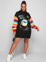 Plus Mixed Print Rainbow Striped Sleeve Hoodie Dress