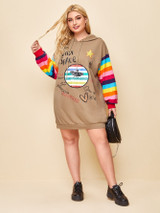 Plus Mixed Print Rainbow Striped Sleeve Hoodie Dress