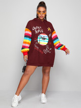 Plus Mixed Print Rainbow Striped Sleeve Hoodie Dress