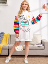 Plus Mixed Print Rainbow Striped Sleeve Hoodie Dress