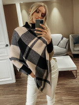 Plaid Turtleneck Asymmetrical Hem Sweater Poncho