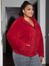 Plus Zip Up Pocket Front Faux Fur Hooded Coat Plus Zip Up Pocket Front Faux Fur Hooded Coat