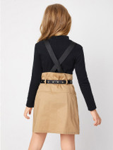 Girls Zip Front Suspender Dress With PU Leather Belt