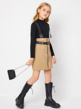 Girls Zip Front Suspender Dress With PU Leather Belt