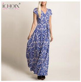 Women Maxi Boho Long Dress short sleeve V-neck sexy printing long dress with belt Elegant women casual party vestidos Holiday Women Maxi Boho Long Dress short sleeve V-neck sexy printing long dress with belt Elegant women casual party vestidos Holiday