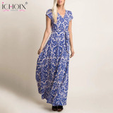 Women Maxi Boho Long Dress short sleeve V-neck sexy printing long dress with belt Elegant women casual party vestidos Holiday Women Maxi Boho Long Dress short sleeve V-neck sexy printing long dress with belt Elegant women casual party vestidos Holiday