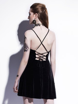 g610 Gothic Mini Dress 2018 Black Summer Women Sexy Short Dress Velvet Backless Lace-Up Spaghetti Strap A-Line Goth Dresses