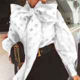 Ruched Blouses Bow Collar Lantern Long Sleeve Lace Up Shirts Clothing Tide